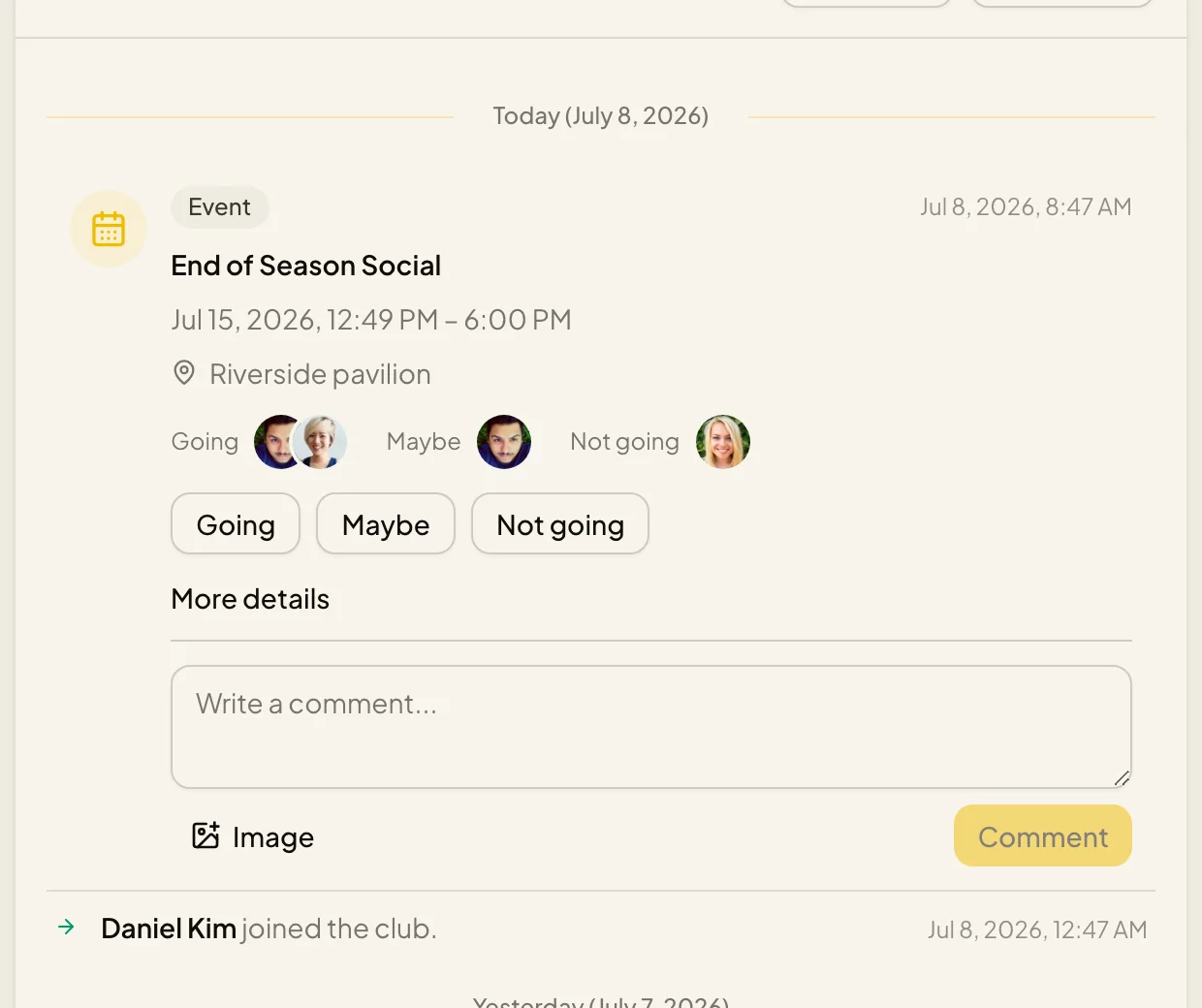 Activity feed with a member post and someone joining the club