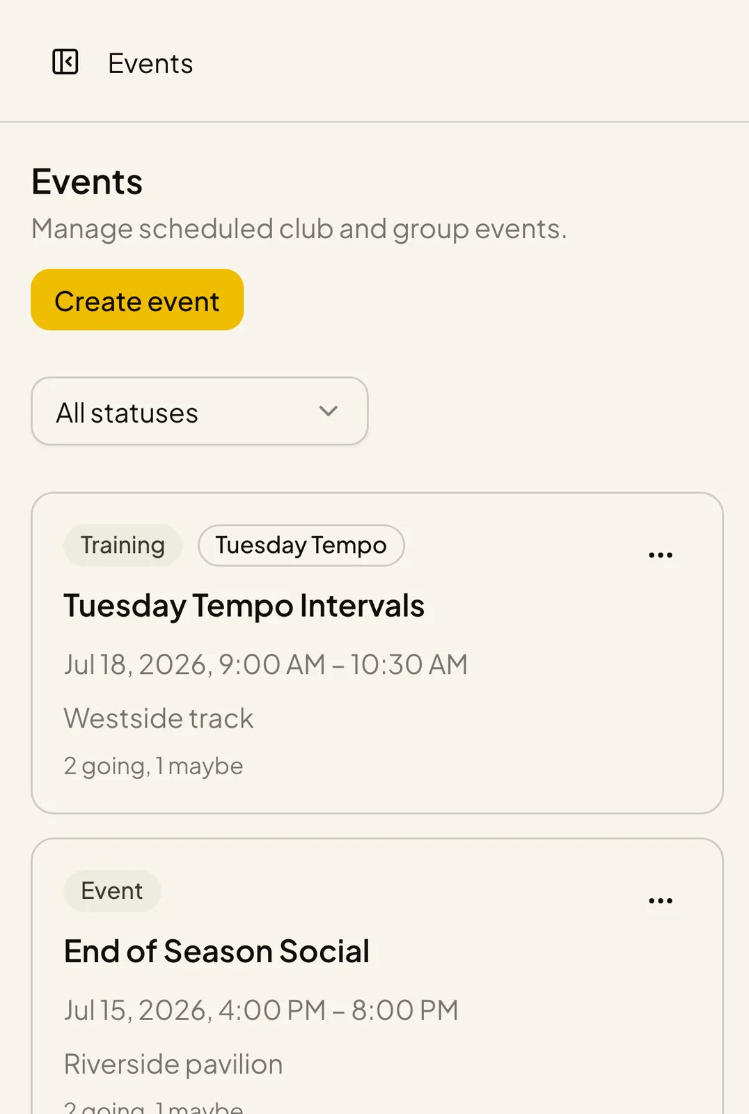Events list with RSVPs and attendance counts