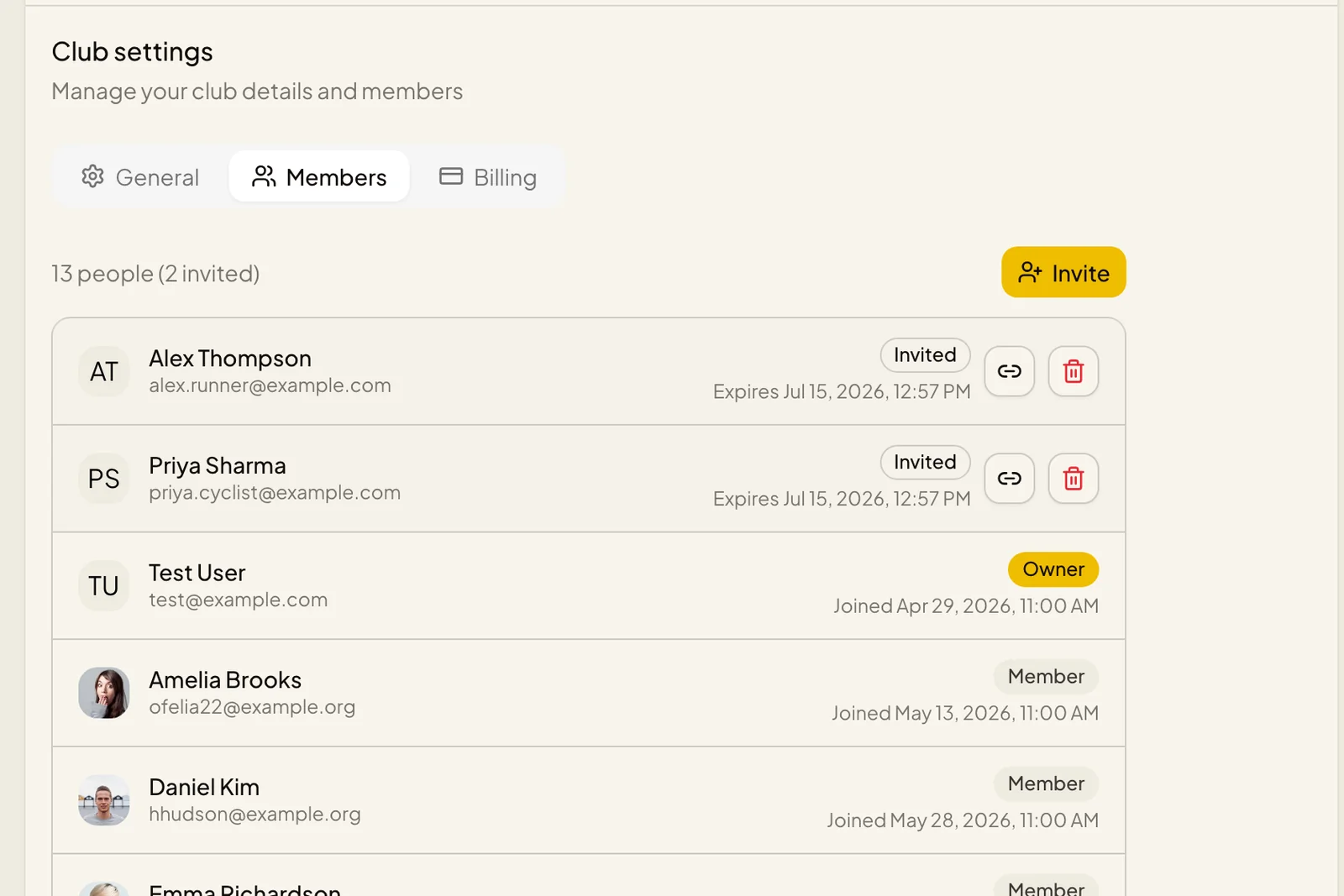 Members settings with pending invitations awaiting acceptance