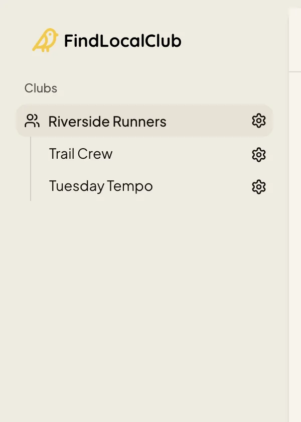 Club sidebar showing Tuesday Tempo and Trail Crew sub-groups